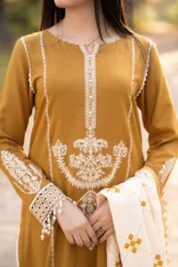 Woman wearing a mustard yellow traditional outfit with white embroidery and lace details.