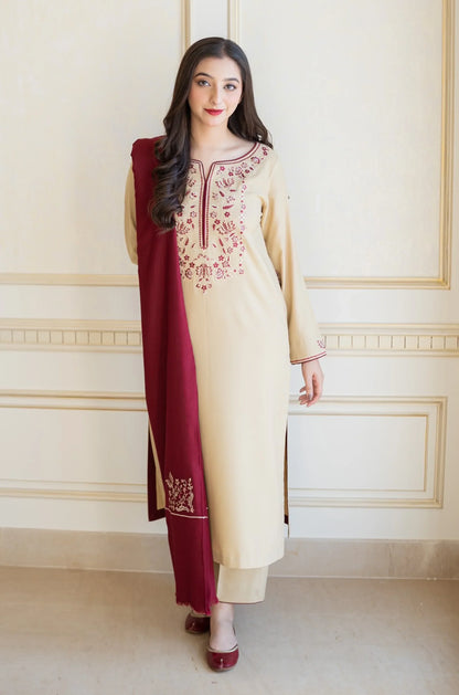 3 PIECE UNSTITCHED EMBROIDERED DHANAK SUIT WITH EMBROIDERED DHANAK SHAWL RA-1001
