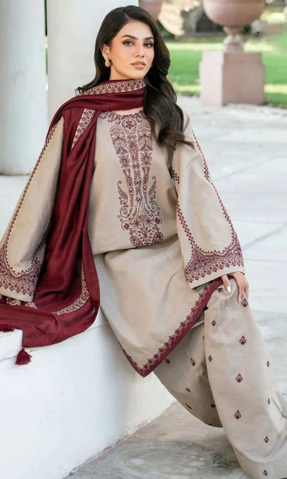 UNSTITCHED HEAVY EMBROIDERED DHANAK SUIT WITH EMBROIDERED DHANAK SHAWL RA-1007
